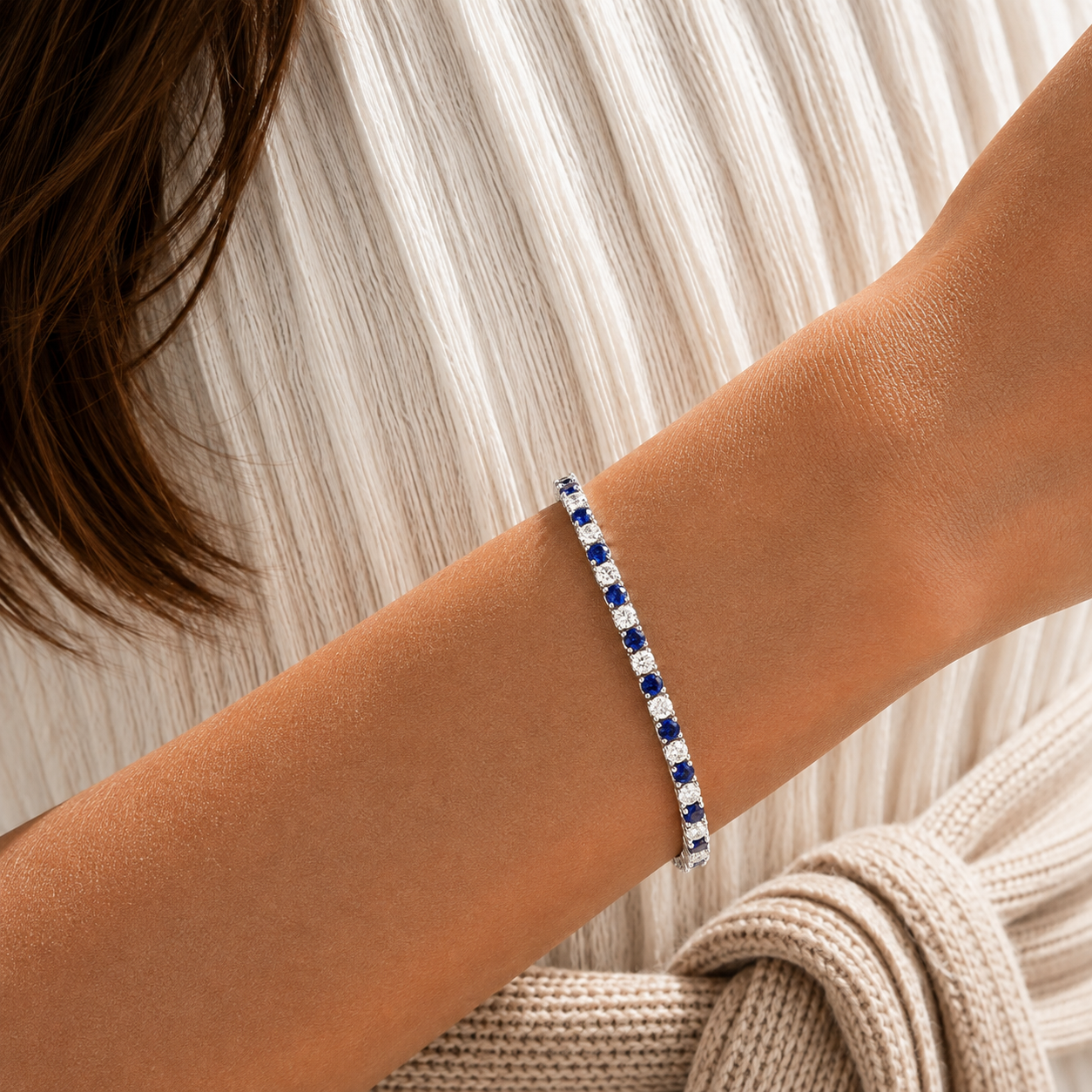 Stacy Blue Sapphire & Diamond Round Tennis Bracelet in White Gold