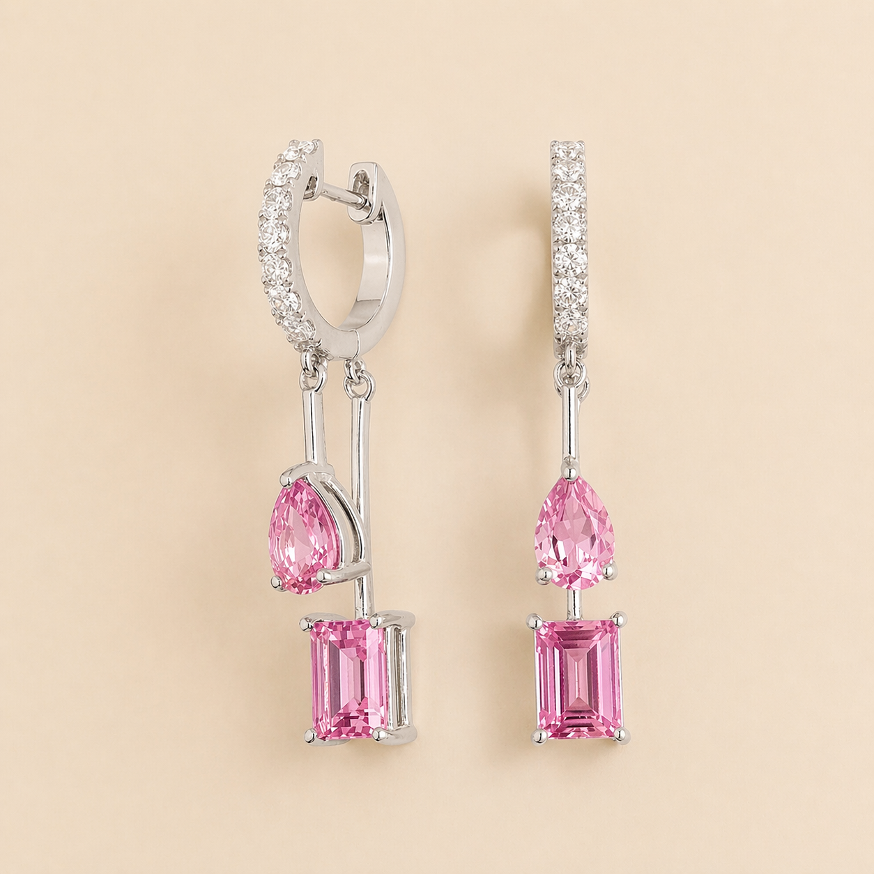 Faire Pink Sapphire & Diamond Pavé Drop Huggie Hoop Earrings in White Gold
