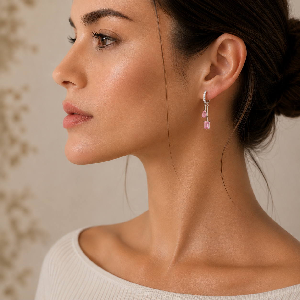 Faire Pink Sapphire & Diamond Pavé Drop Huggie Hoop Earrings in White Gold