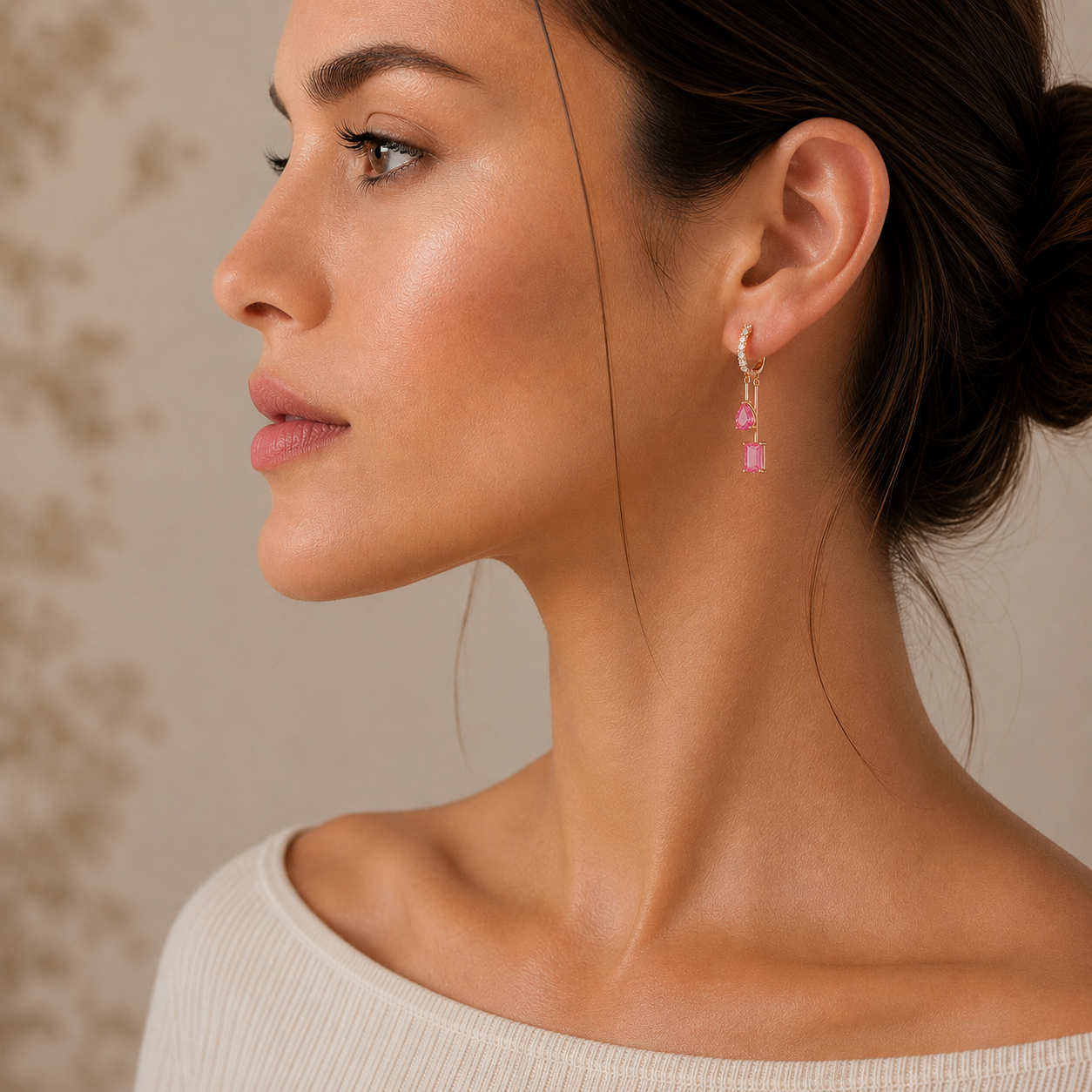 Faire Pink Sapphire & Diamond Pavé Drop Huggie Hoop Earrings in Gold