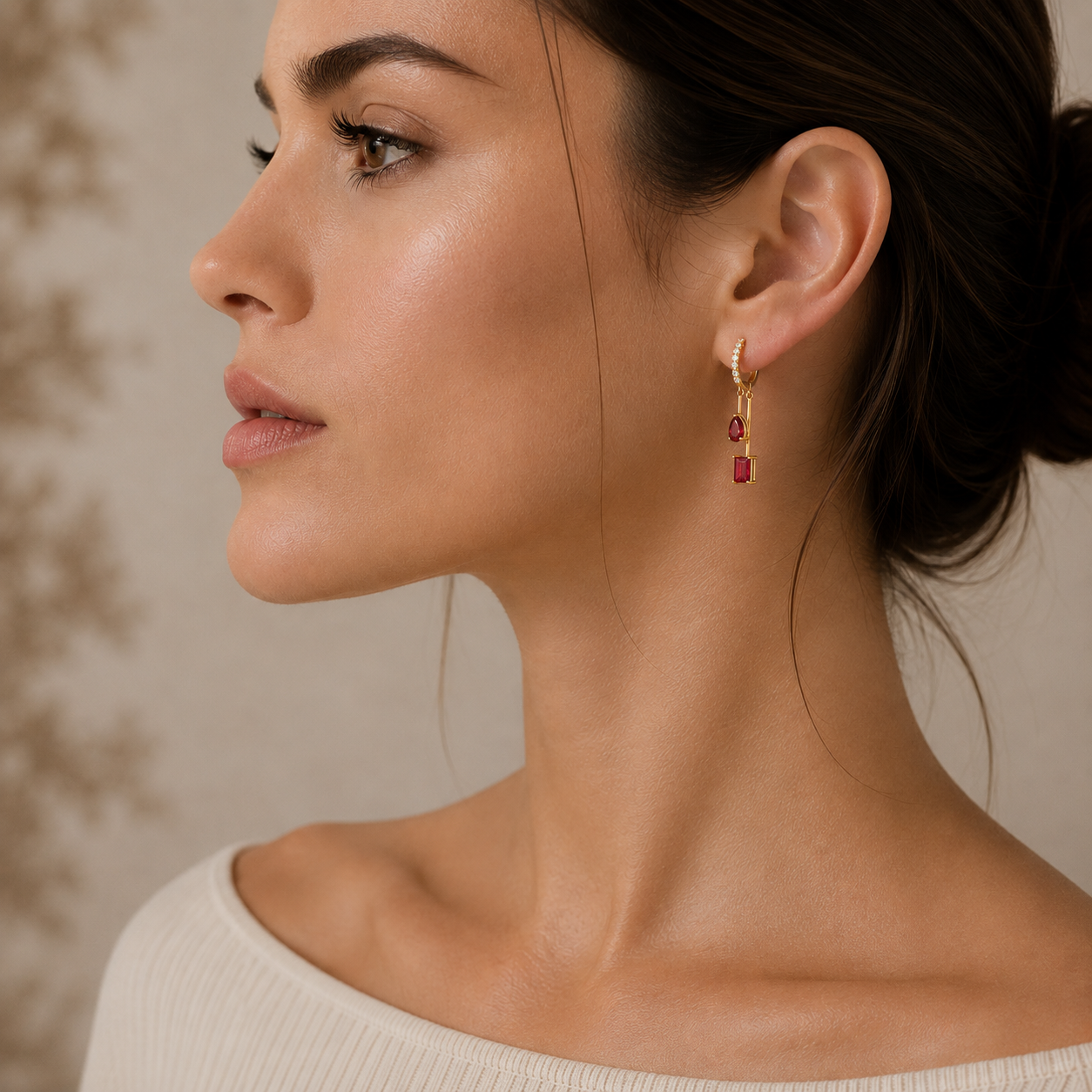 Faire Ruby & Diamond Pavé Drop Huggie Hoop Earrings in Gold
