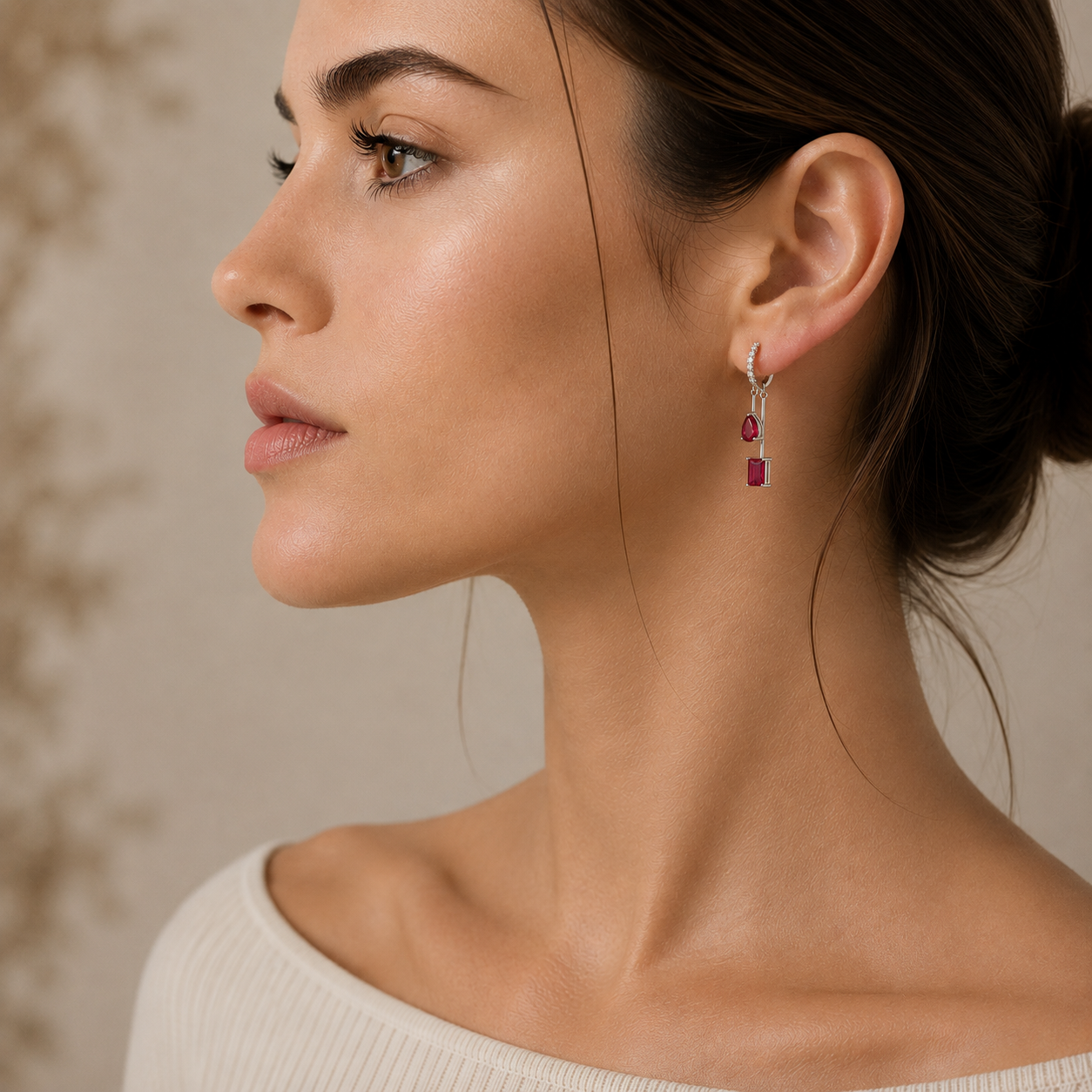 Faire Ruby & Diamond Pavé Drop Huggie Hoop Earrings in White Gold