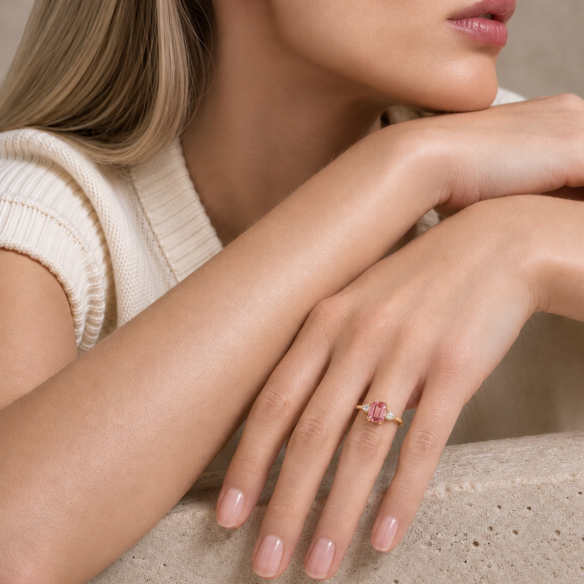 Ailes Padparadscha Sapphire Emerald-Cut Ring with Pear Side Diamonds in Gold