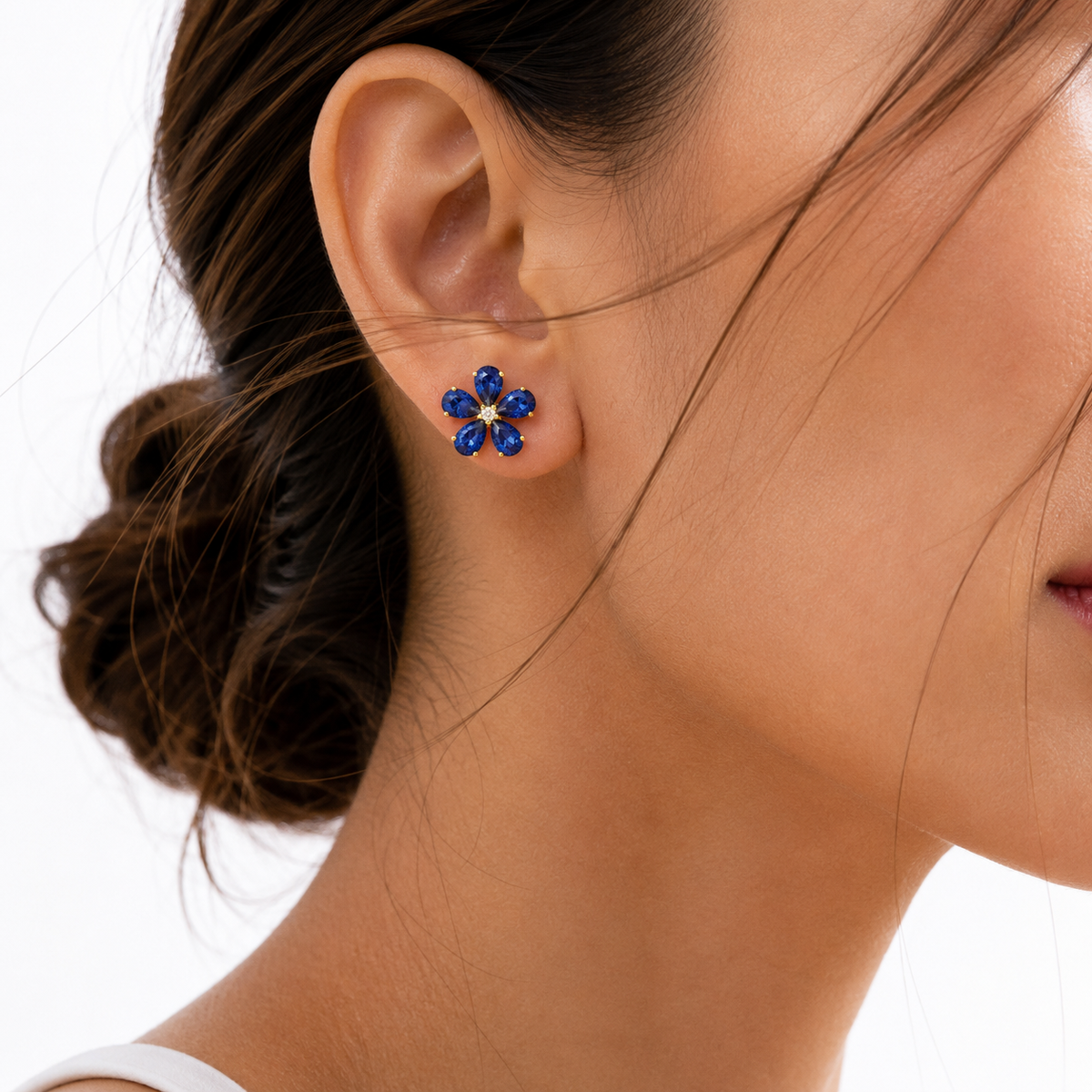 Florea Blue Sapphire & Diamond Flower Stud Earrings in Gold