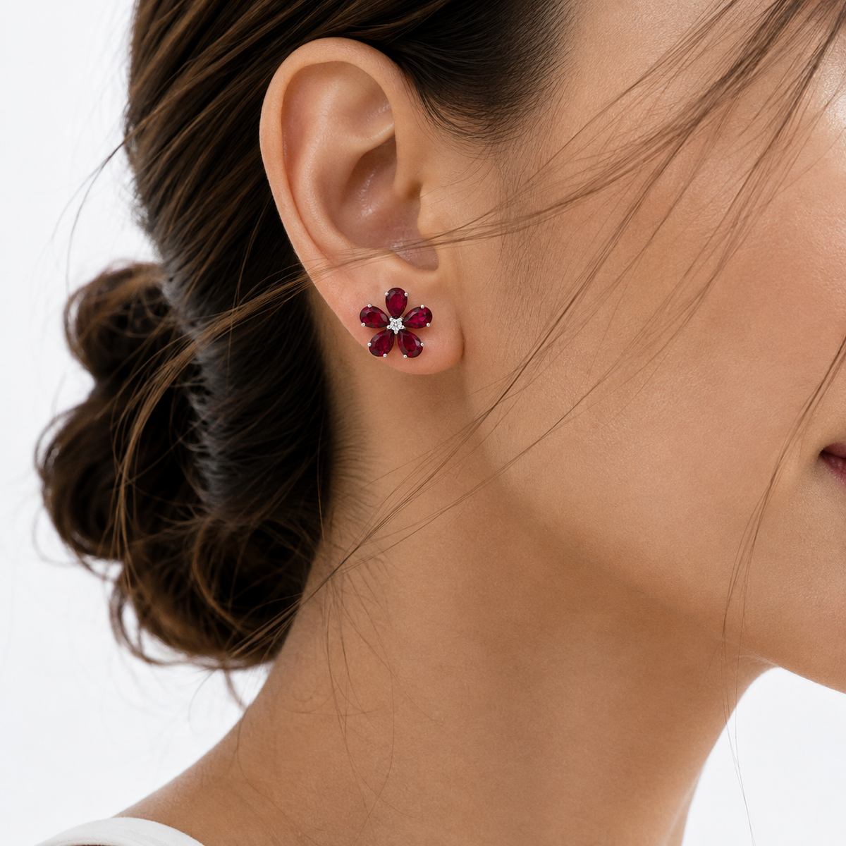 Florea Ruby & Diamond Flower Stud Earrings in White Gold