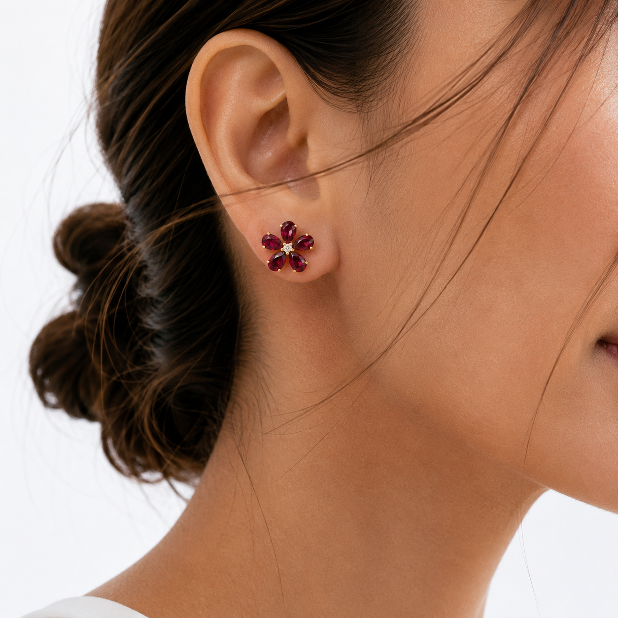 Florea Ruby & Diamond Flower Stud Earrings in Gold