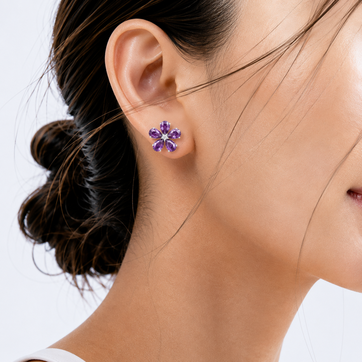 Florea Purple Sapphire & Diamond Flower Stud Earrings in White Gold