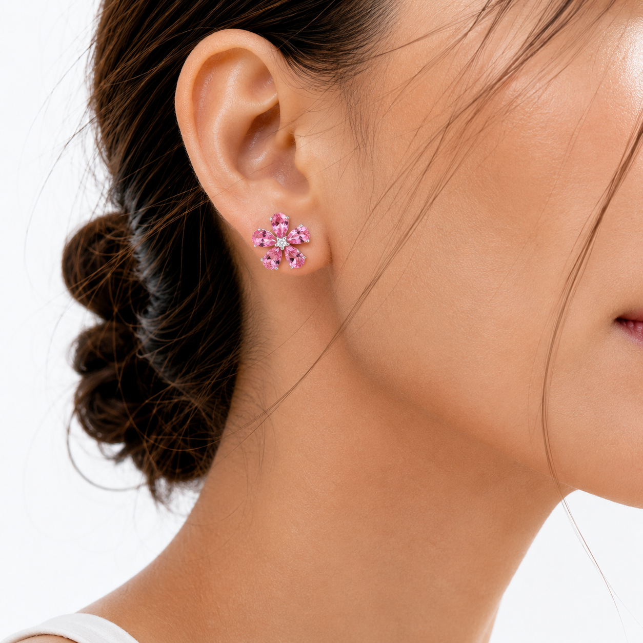 Florea Pastel Pink Sapphire & Diamond Flower Stud Earrings in White Gold