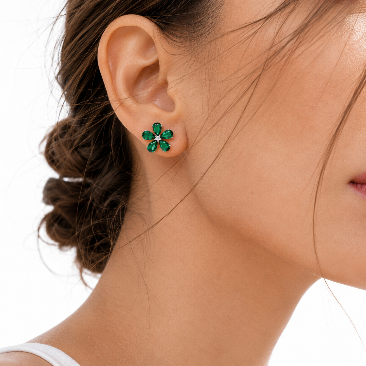 Florea Emerald & Diamond Flower Stud Earrings in White Gold
