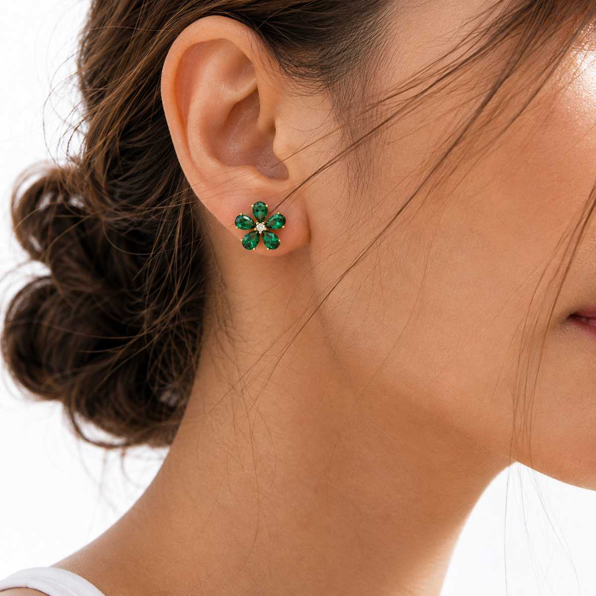 Florea Emerald & Diamond Flower Stud Earrings in Gold