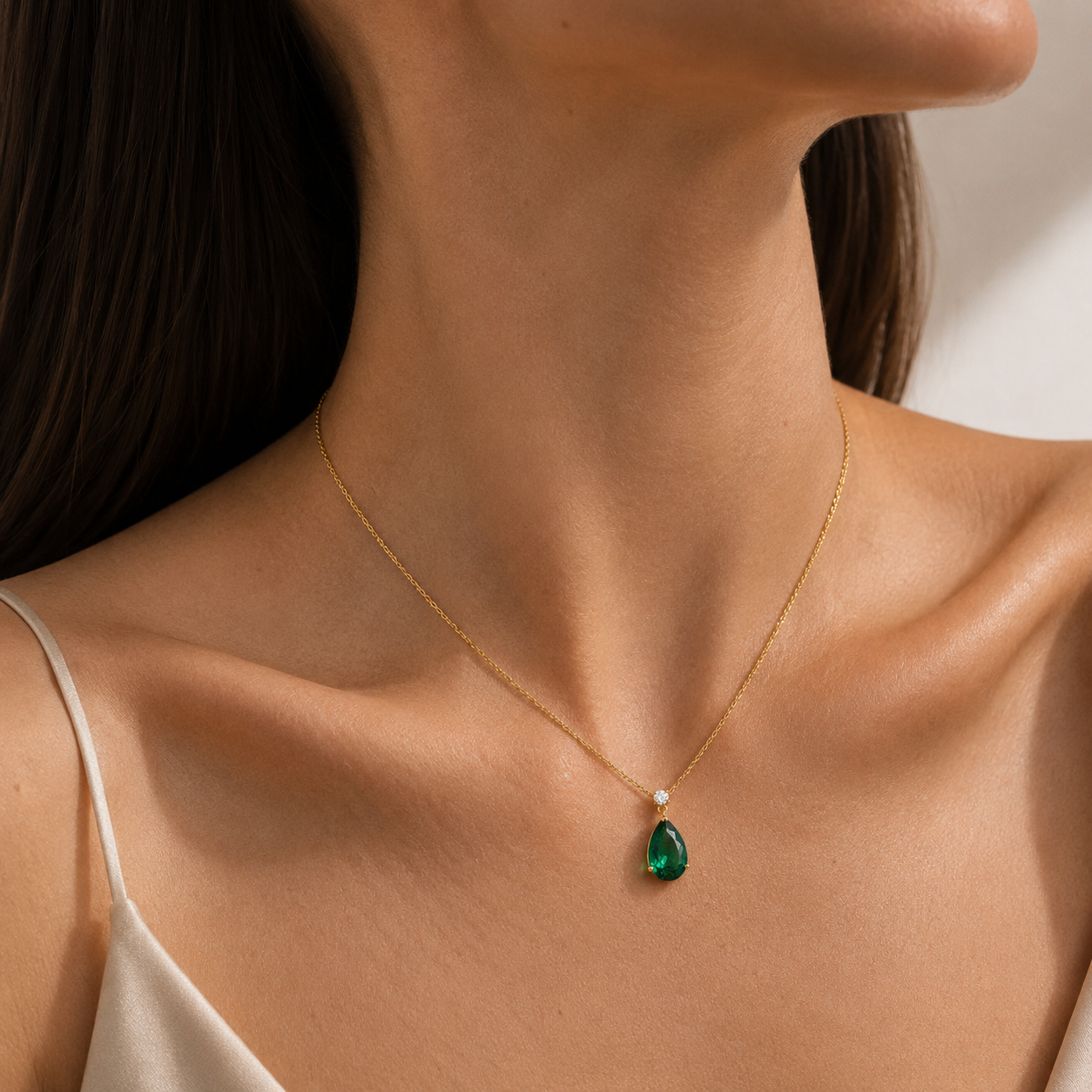 Pisa Emerald & Diamond Pear Drop Pendant Necklace In Gold - Large