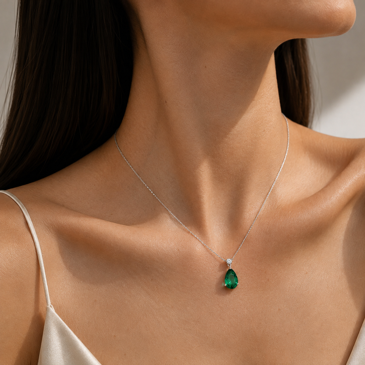 Pisa Emerald & Diamond Pear Drop Pendant Necklace In White Gold - Large