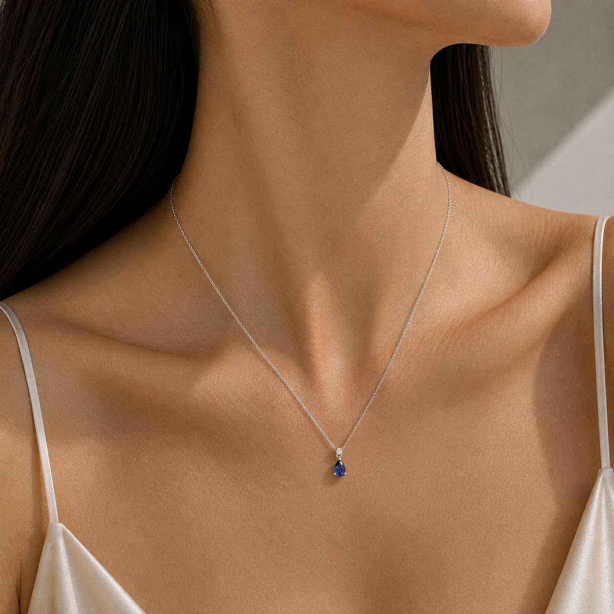 Pisa Blue Sapphire & Diamond Pear Drop Pendant Necklace In White Gold - Small