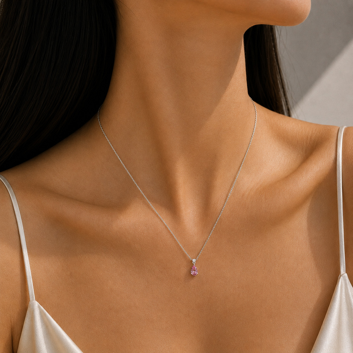 Pisa Pink Sapphire & Diamond Pear Drop Pendant Necklace In White Gold - Small