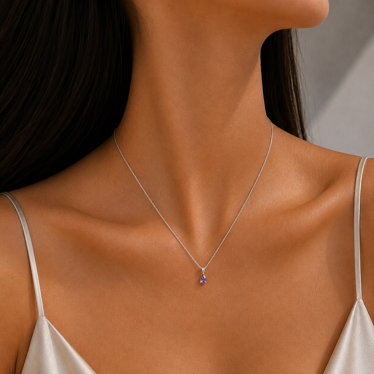Pisa Purple Sapphire & Diamond Pear Drop Pendant Necklace In White Gold - Small