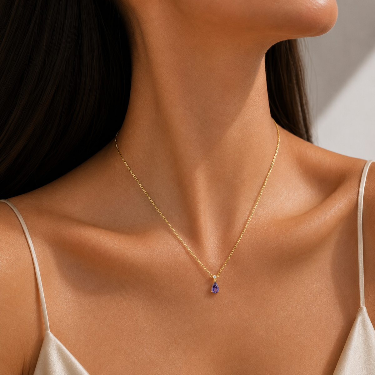 Pisa Purple Sapphire & Diamond Pear Drop Pendant Necklace In Gold - Small