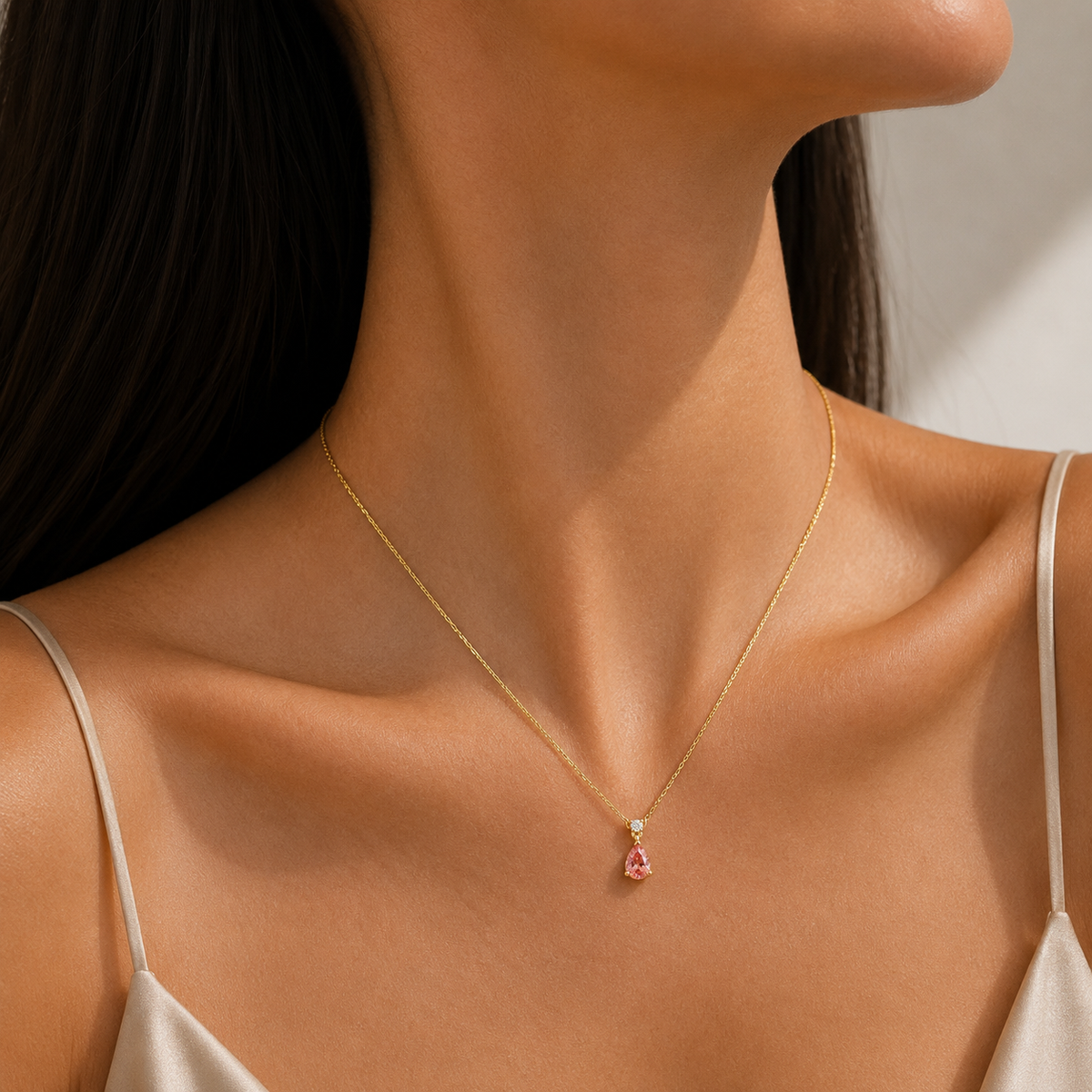 Pisa Padparadscha Sapphire & Diamond Pear Drop Pendant Necklace In Gold - Small