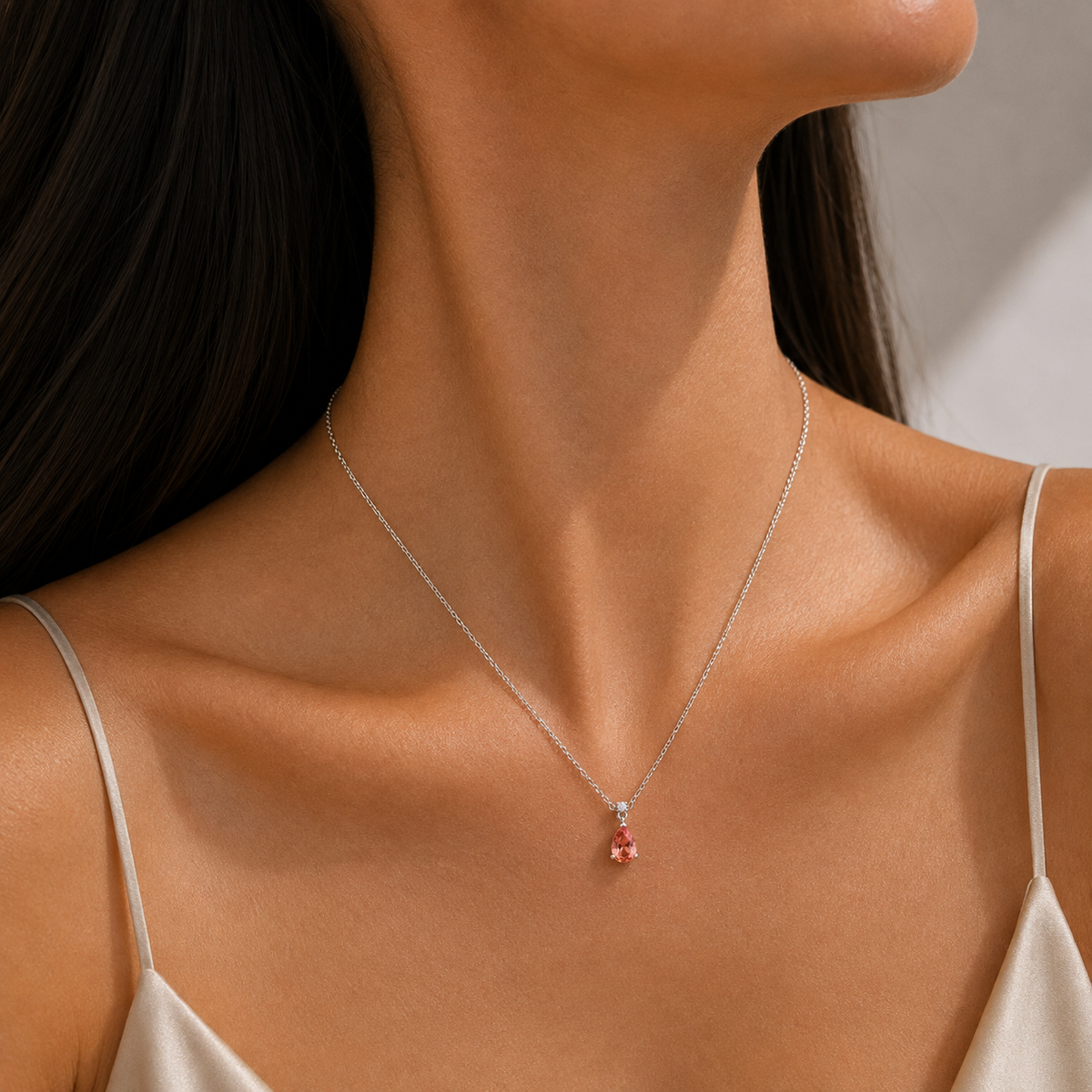 Pisa Padparadscha Sapphire & Diamond Pear Drop Pendant Necklace In White Gold - Small