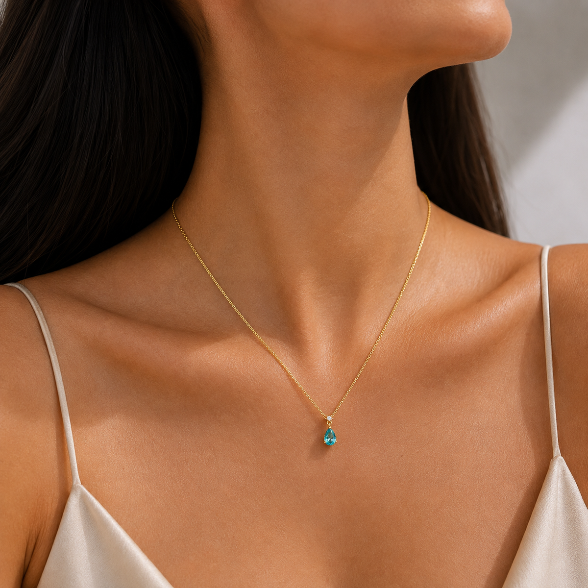 Pisa Paraiba & Diamond Pear Drop Pendant Necklace In Gold - Small