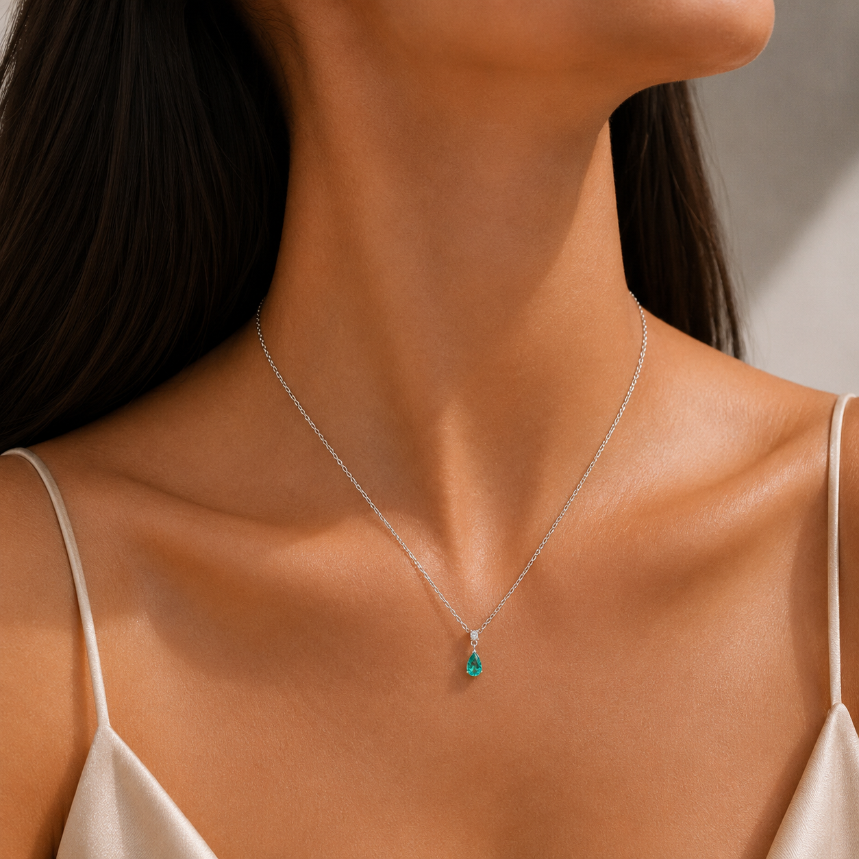 Pisa Paraiba & Diamond Pear Drop Pendant Necklace In White Gold - Small