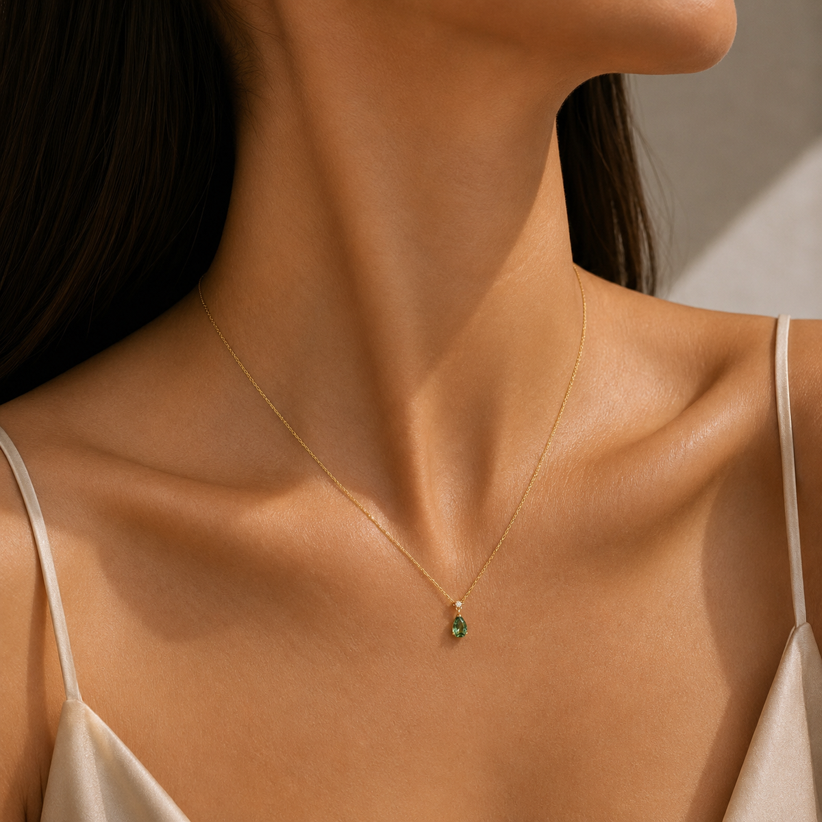Pisa Green Sapphire & Diamond Pear Drop Pendant Necklace In Gold - Small