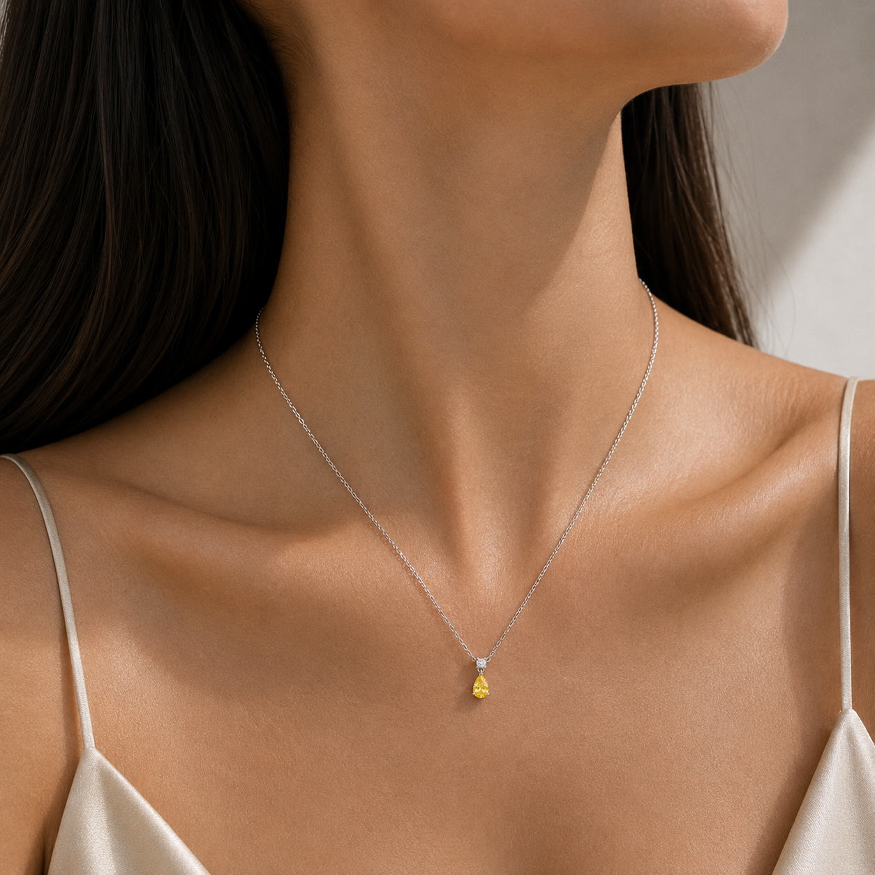 Pisa Yellow Sapphire & Diamond Pear Drop Pendant Necklace In White Gold - Small