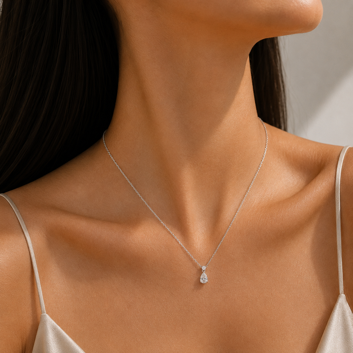 Pisa Diamond Pear Drop Pendant Necklace In White Gold - Small