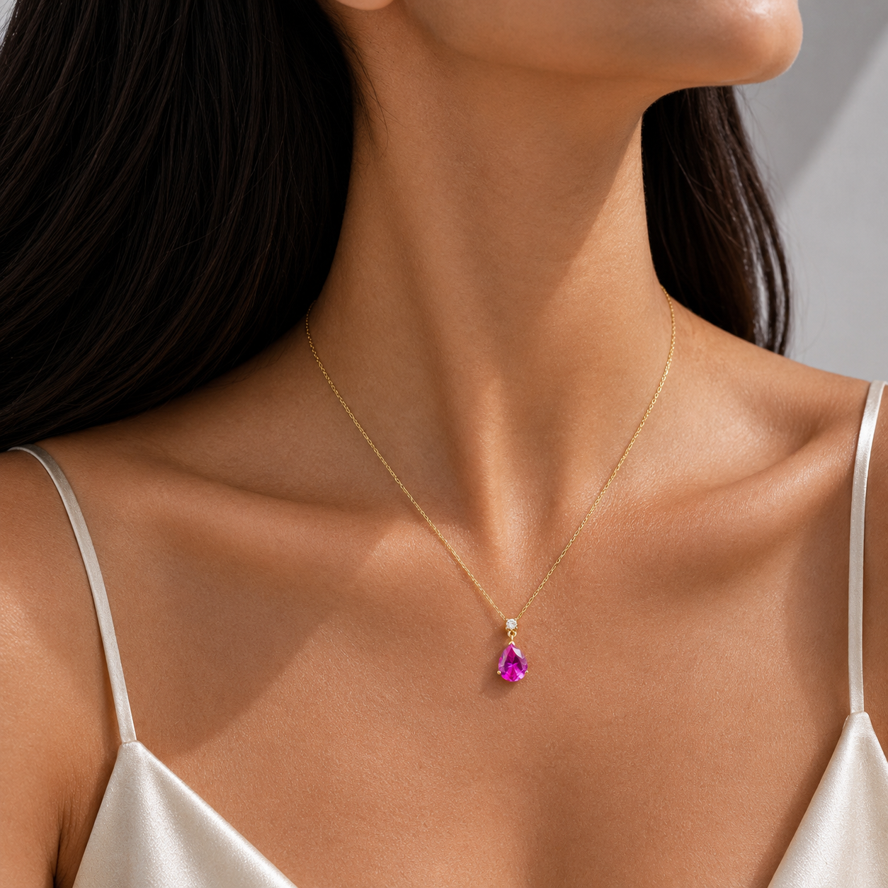 Pisa Vivid Pink Sapphire & Diamond Pear Drop Pendant Necklace In Gold - Medium