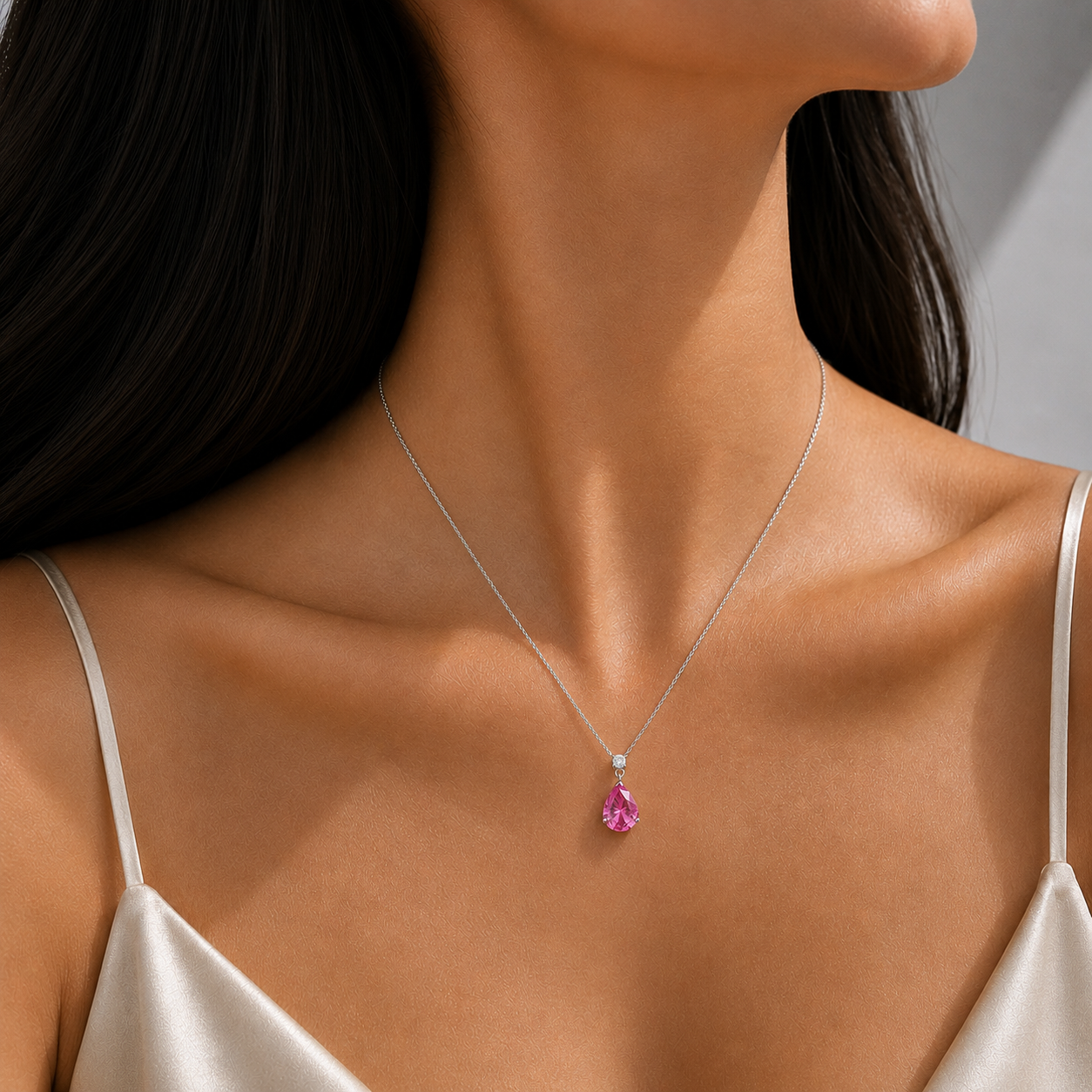 Pisa Vivid Pink Sapphire & Diamond Pear Drop Pendant Necklace in White Gold - Medium