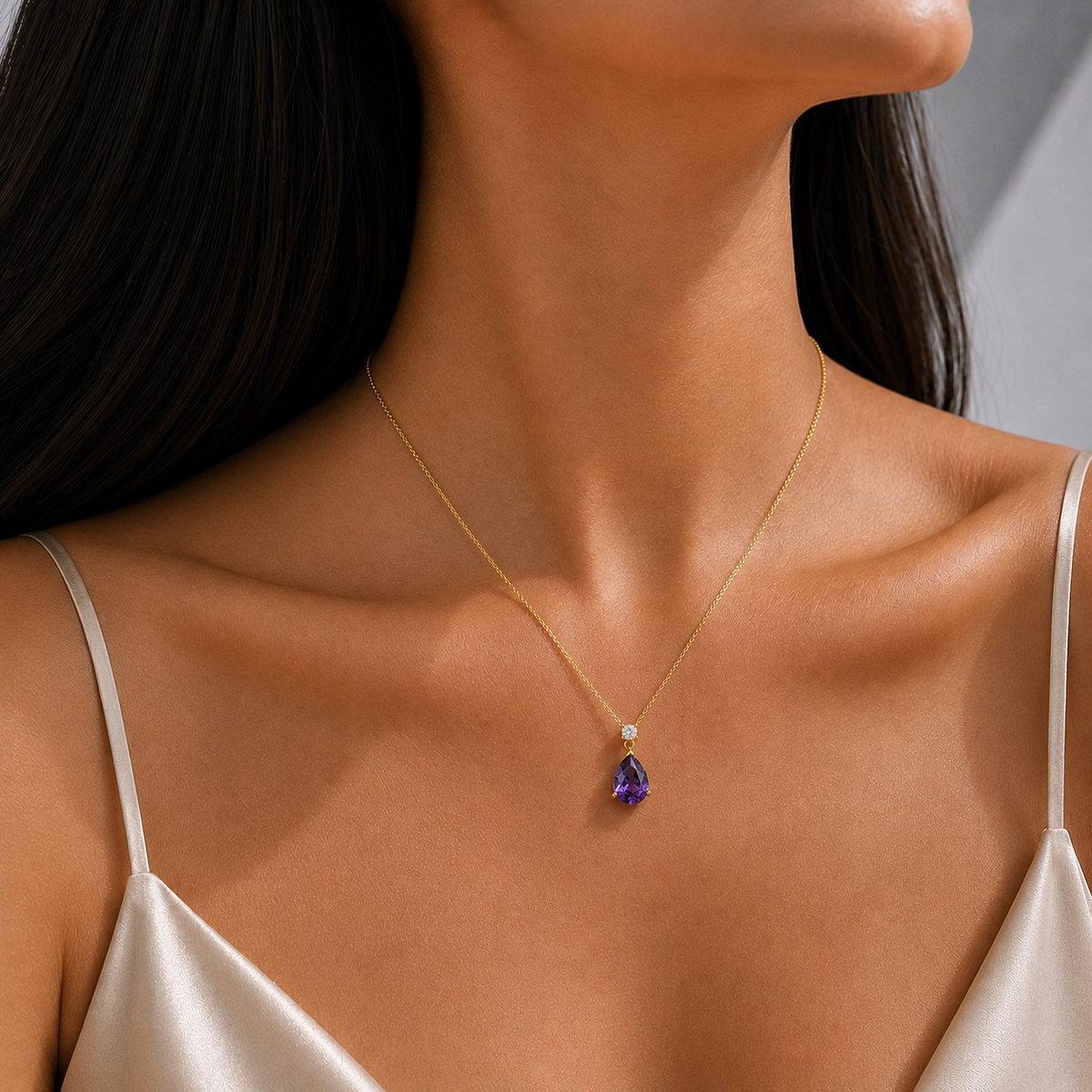 Pisa Purple Sapphire & Diamond Pear Drop Pendant Necklace In Gold - Medium