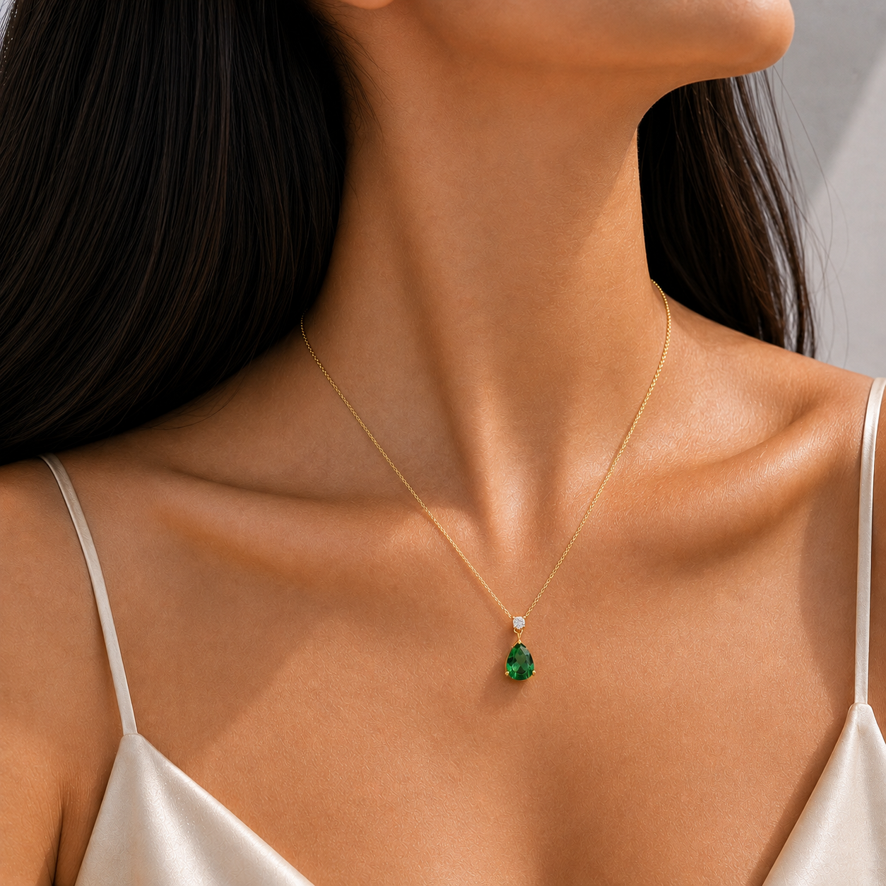 Pisa Emerald & Diamond Pear Drop Pendant Necklace In Gold - Medium