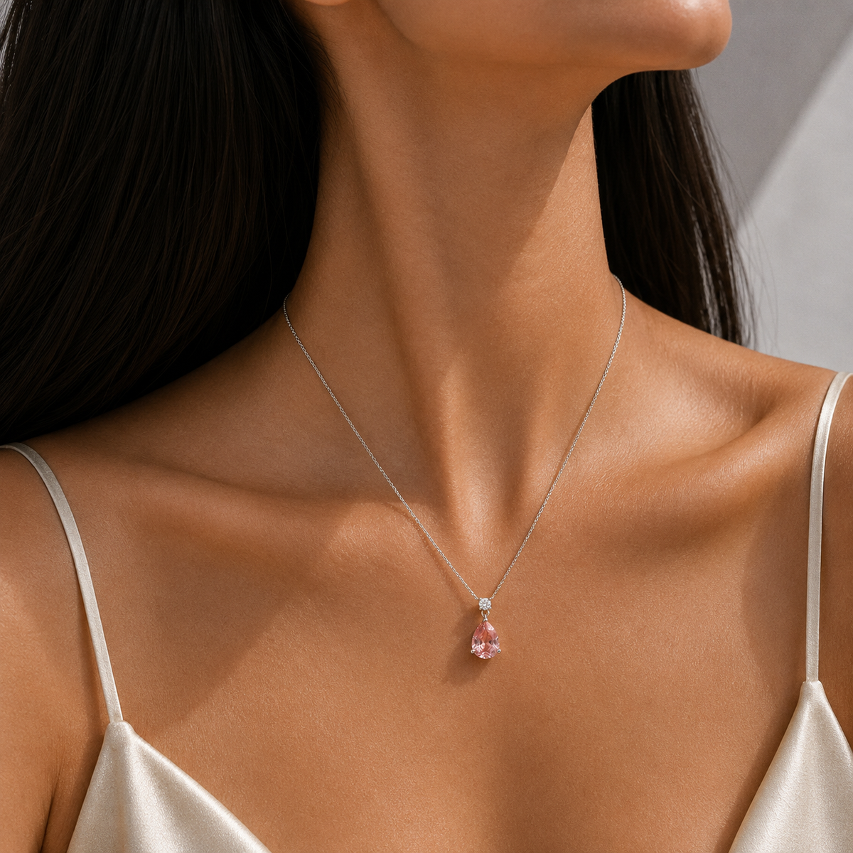 Pisa Padparadscha Sapphire & Diamond Pear Drop Pendant Necklace In White Gold - Medium