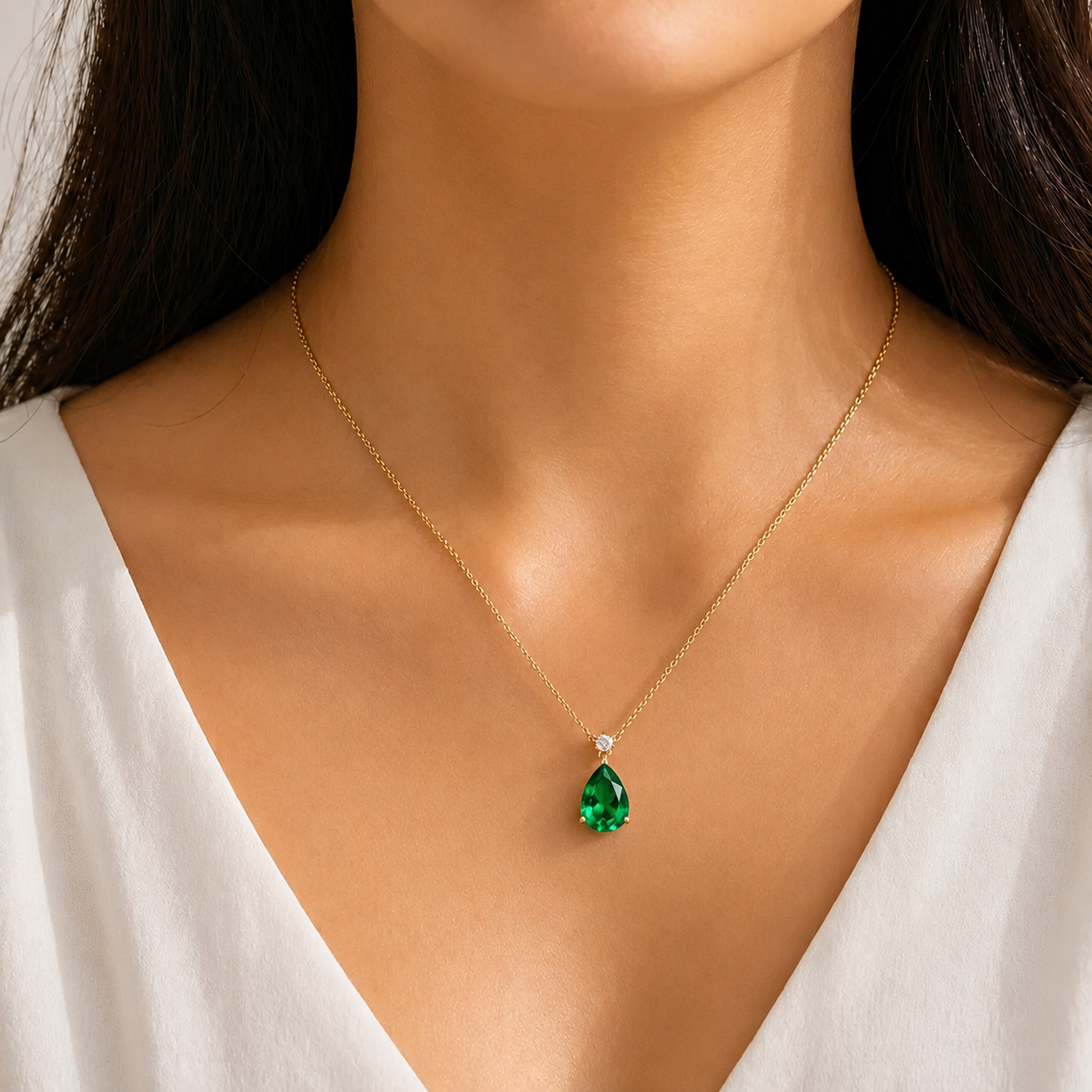 Pisa Emerald & Diamond Pear Drop Pendant Necklace In Gold - Medium