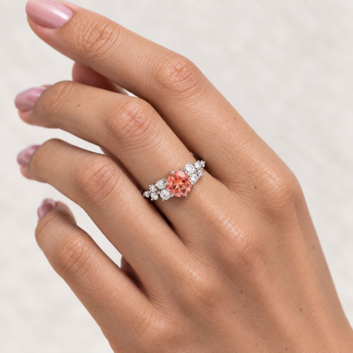 Floret Padparadscha Sapphire Round & Diamond Cluster Ring in White Gold