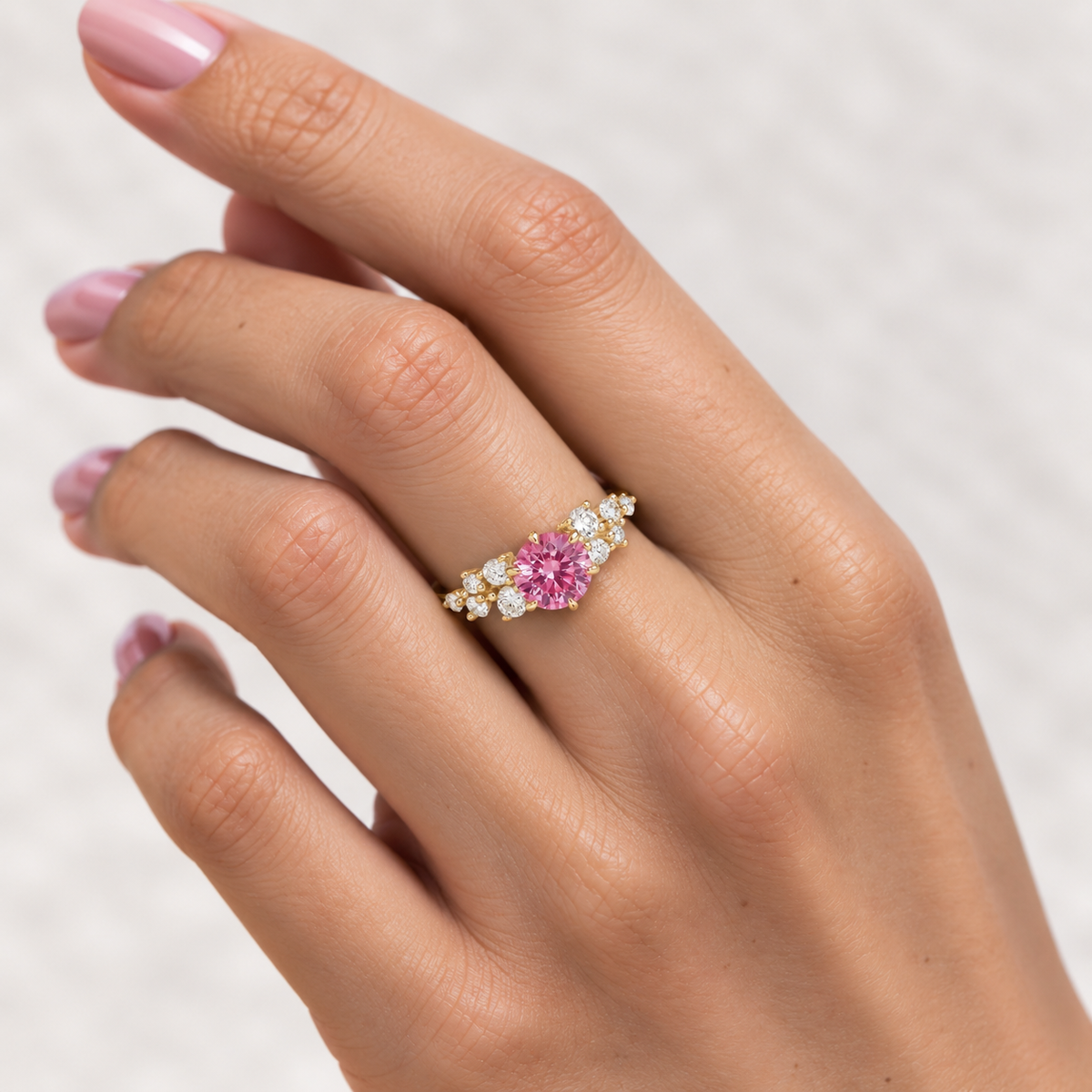 Floret Pink Sapphire Round & Diamond Cluster Ring in Gold
