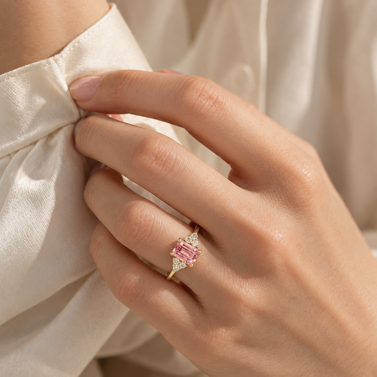 Chateau Padparadscha Sapphire Emerald-Cut & Diamond Ring in Gold
