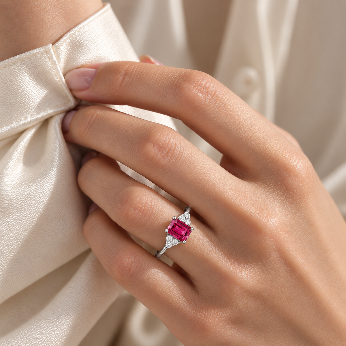 Chateau Vivid Hot Pink Sapphire Emerald-Cut & Diamond Ring in White Gold