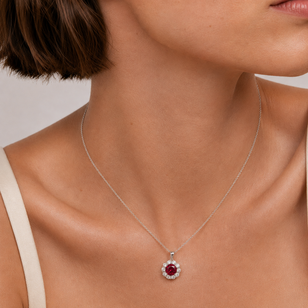 Floret Ruby Round & Diamond Halo Pendant Necklace in White Gold