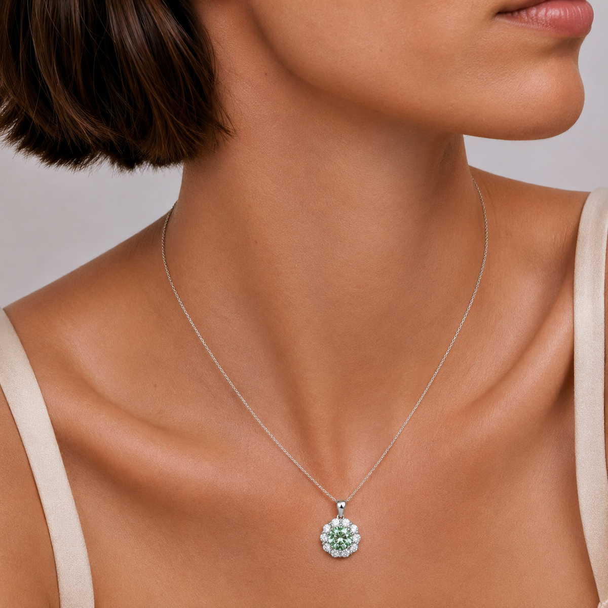 Floret Green Sapphire Round & Diamond Halo Pendant Necklace in White Gold