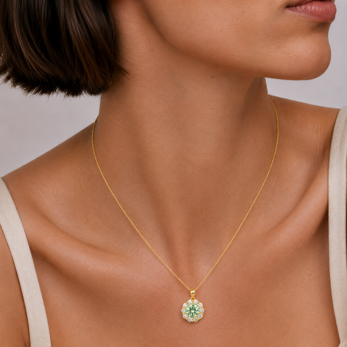 Floret Green Sapphire Round & Diamond Halo Pendant Necklace in Gold