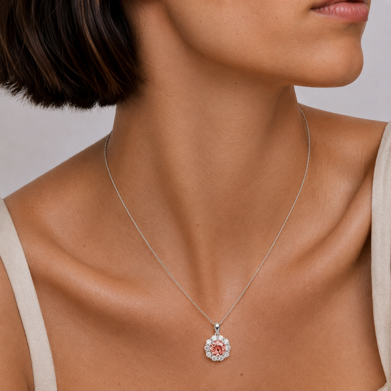 Floret Padparadscha Sapphire Round & Diamond Halo Pendant Necklace in White Gold