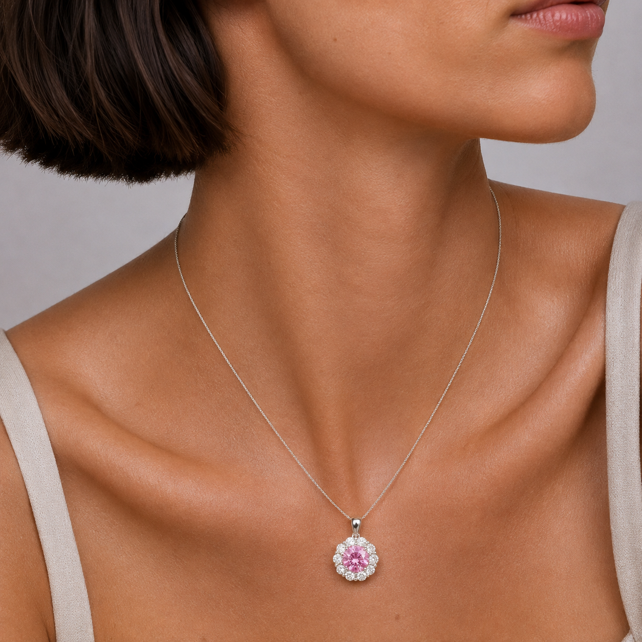Floret Pastel Pink Sapphire Round & Diamond Halo Pendant Necklace in White Gold
