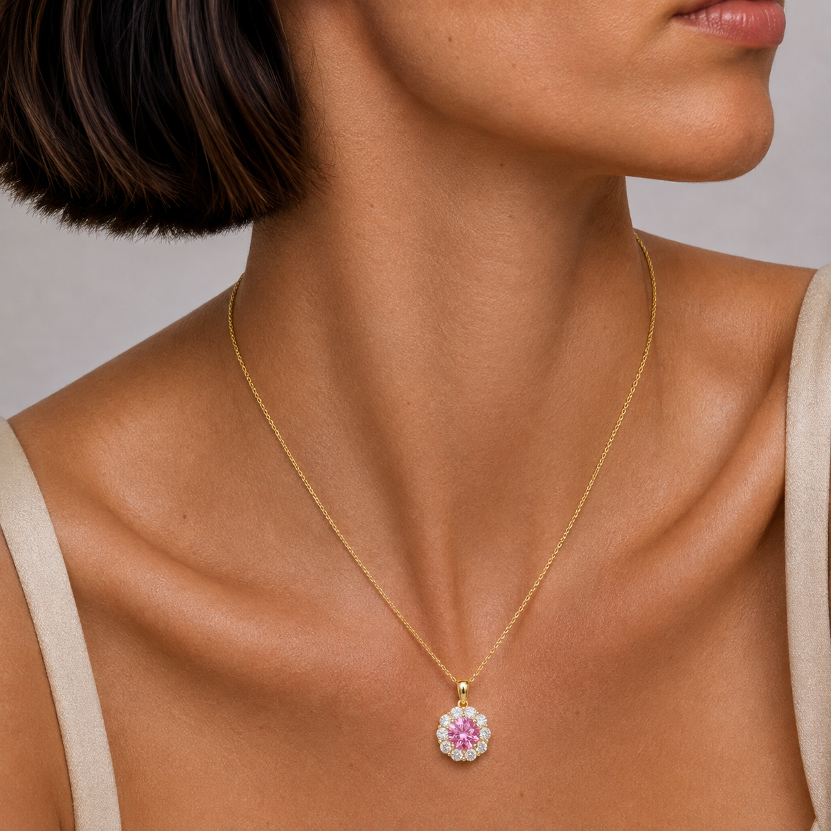 Floret Pastel Pink Sapphire Round & Diamond Halo Pendant Necklace in Gold