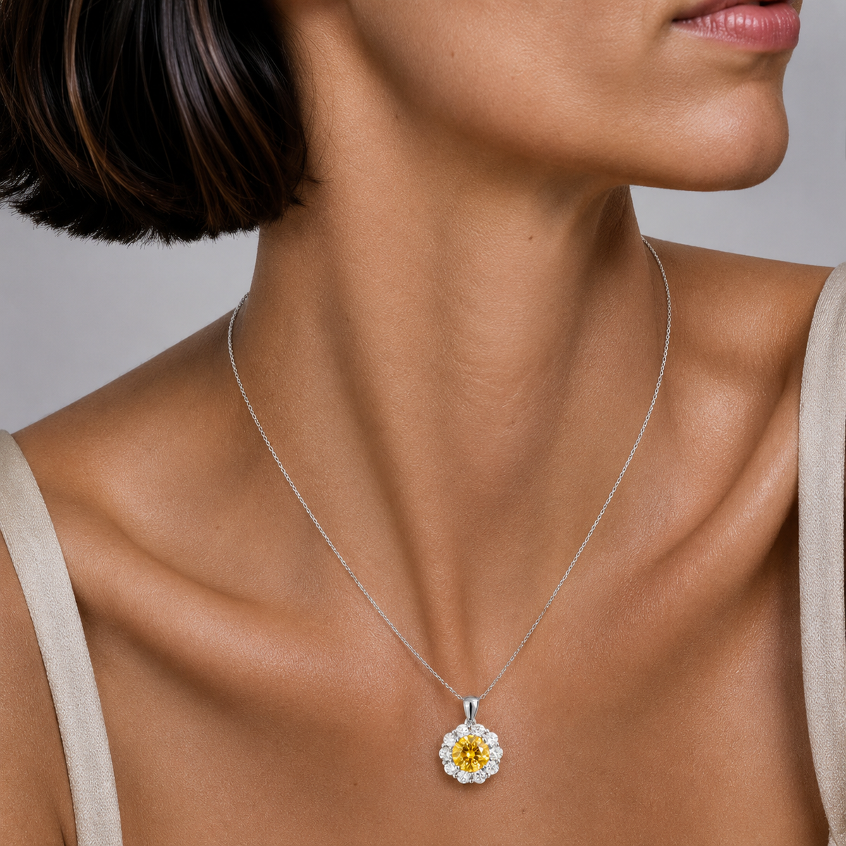 Floret Yellow Sapphire Round & Diamond Halo Pendant Necklace in White Gold