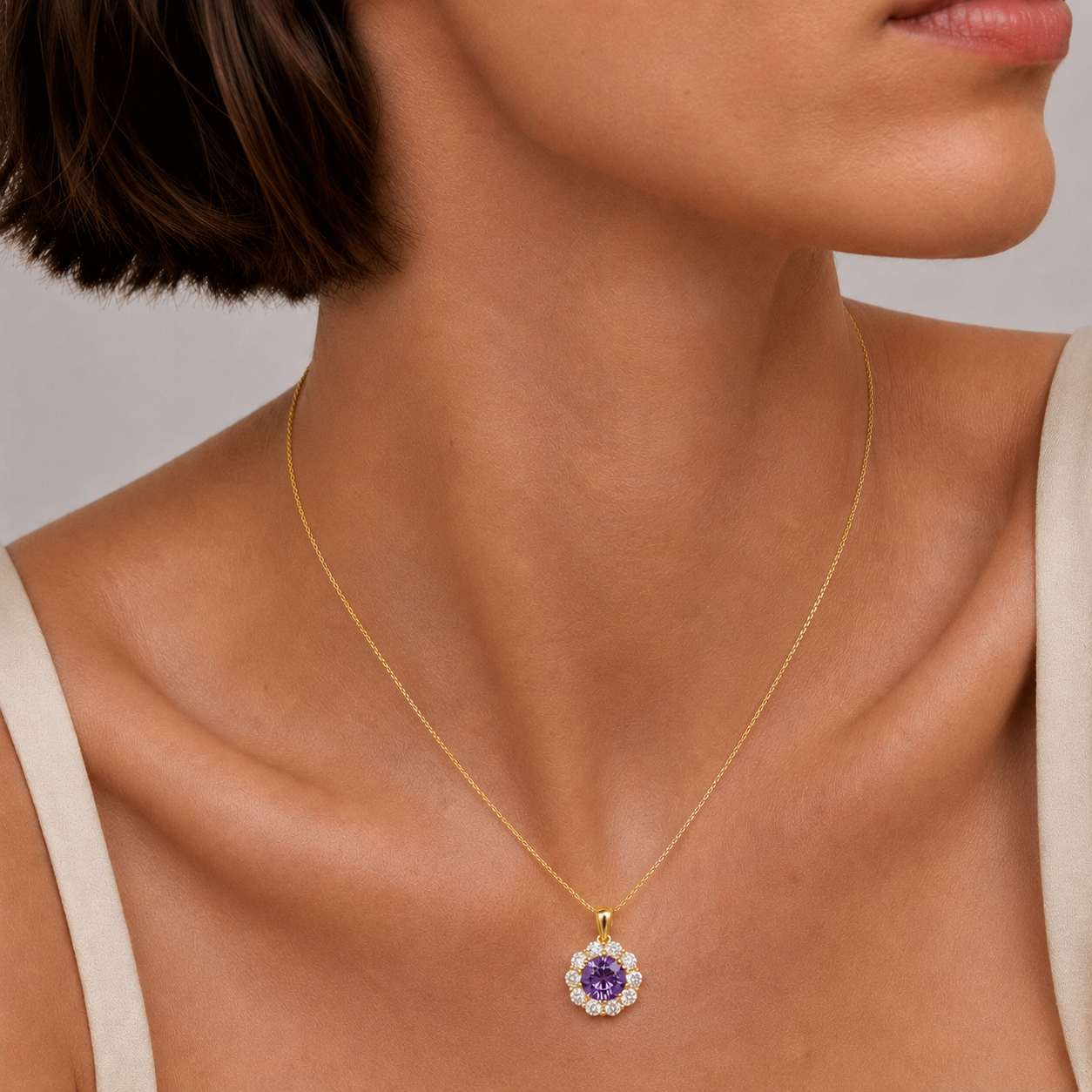 Floret Purple Sapphire Round & Diamond Halo Pendant Necklace in Gold
