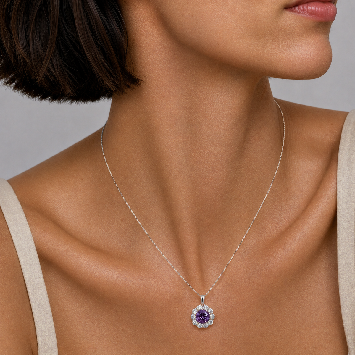 Floret Purple Sapphire Round & Diamond Halo Pendant Necklace in White Gold