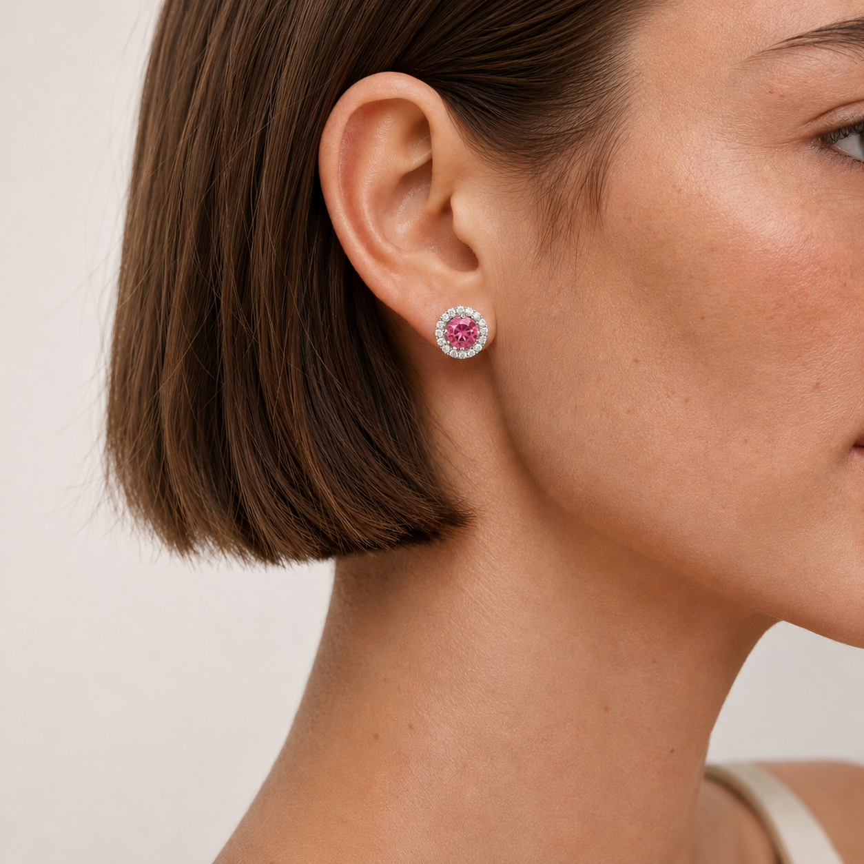 Floret Pastel Pink Sapphire Round & Diamond Halo Stud Earrings in White Gold