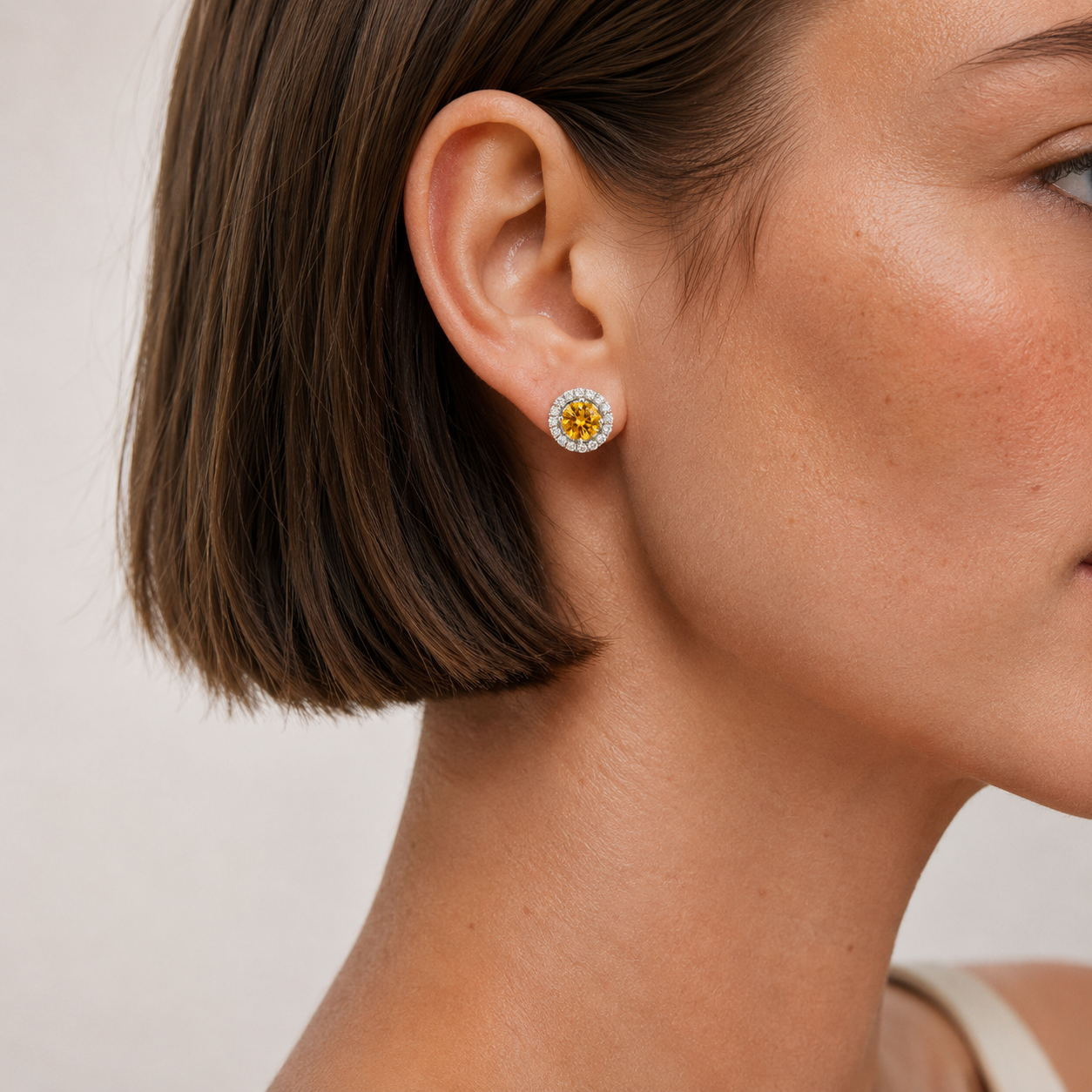 Floret Yellow Sapphire Round & Diamond Halo Stud Earrings in White Gold