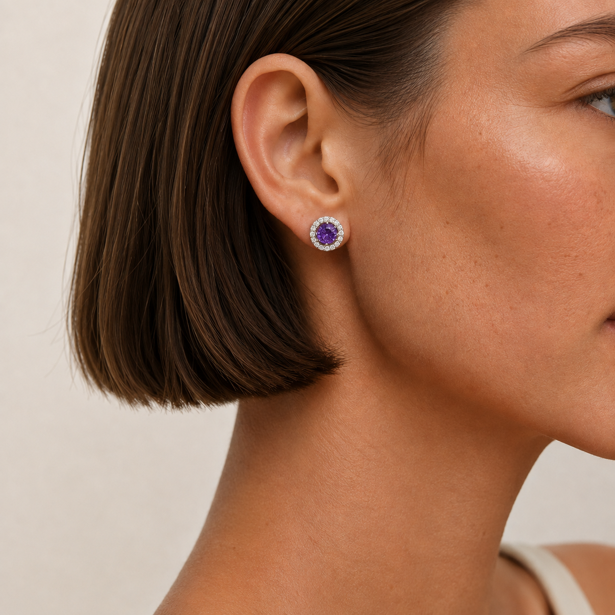 Floret Purple Sapphire Round & Diamond Halo Stud Earrings in White Gold