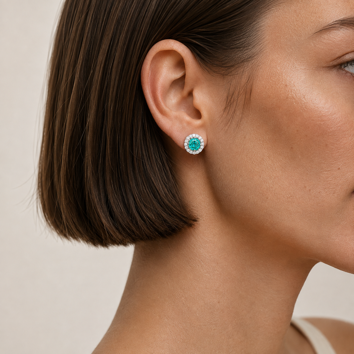 Floret Paraiba Round & Diamond Halo Stud Earrings in White Gold